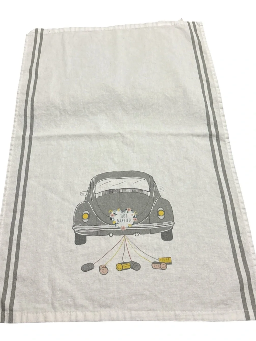 Vintage Just Married Tea Towel - Gray and Cream with Yellow Accents
